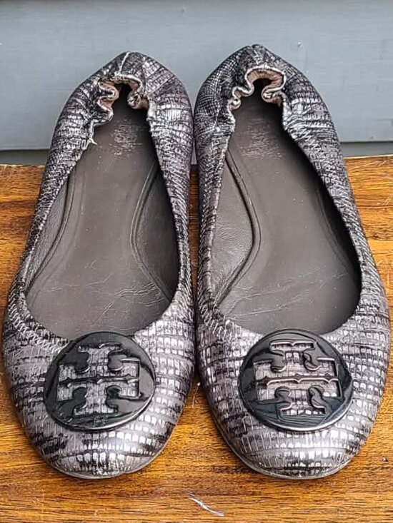 Tory Burch Reva Black Silver Snake Print Leather Ballet Flats size 8M main image 4